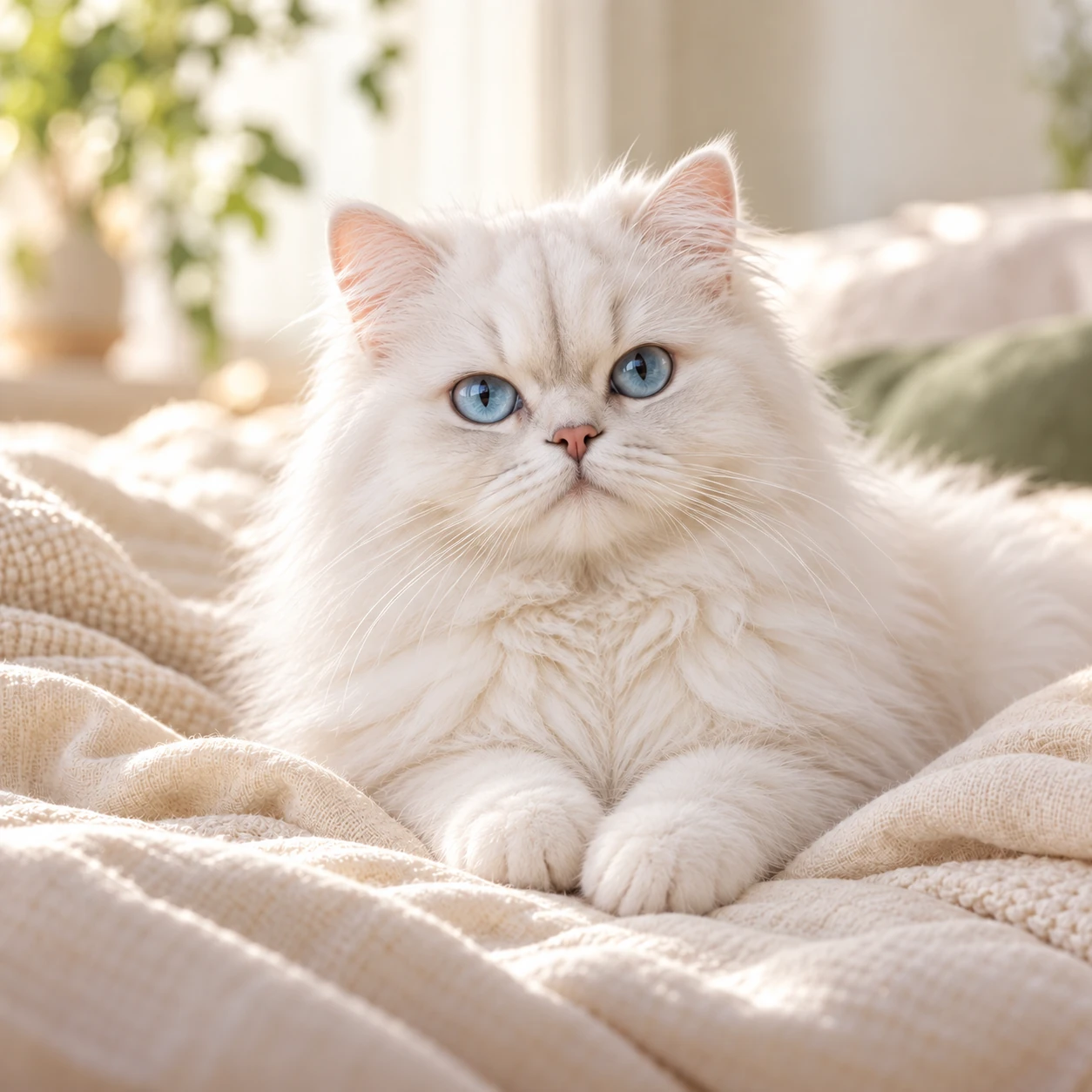 A white Persian cat with blue eyes resting beside a sunlit window