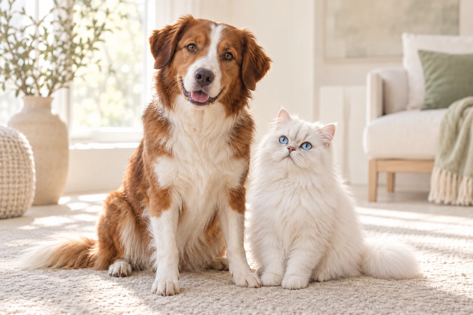 A dog and a white Persian cat with blue eyes resting side by side