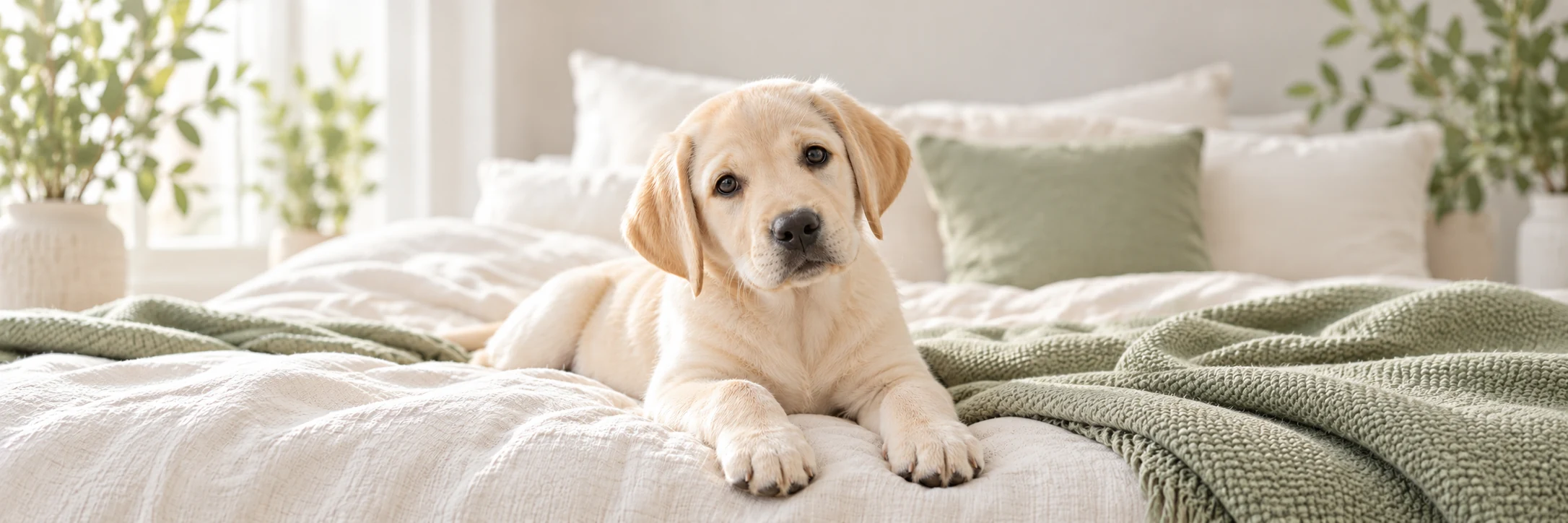 A Labrador puppy resting in a bright interior, with its whole head and ears in view